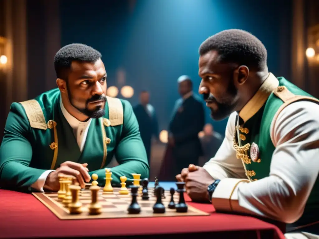 Dos expertos jugadores de Othello concentrados en estrategias ganadoras, rodeados de espectadores en una atmósfera tensa y desafiante