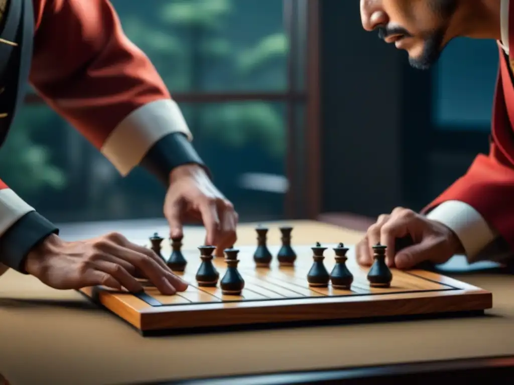 Dos expertos jugadores de Shogi compiten en un emocionante encuentro, rodeados de un escenario japonés tradicional