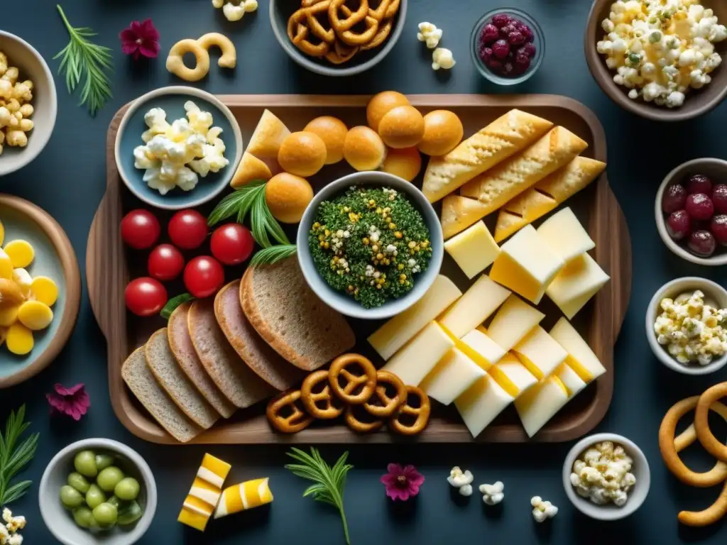 Una exquisita variedad de maridajes de snacks para juegos, presentados con color y detalle en tablas de madera y pizarra