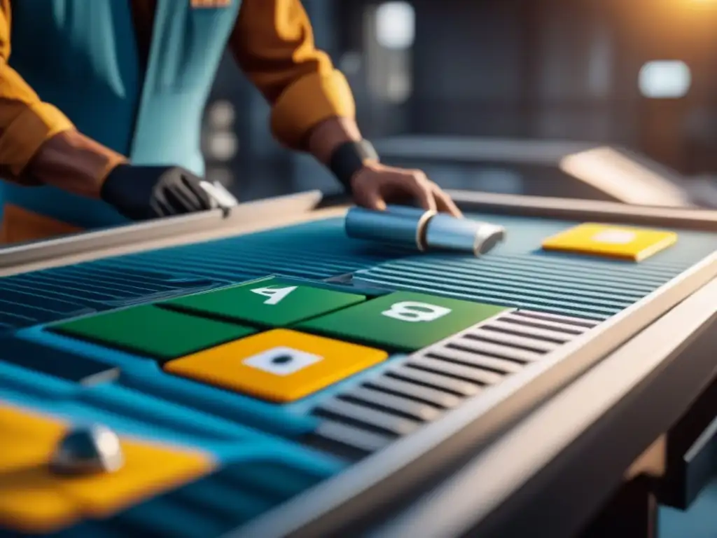 Una fábrica de juegos de mesa sostenible, trabajadores con materiales eco, paneles solares y reciclaje