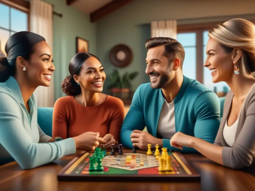 Una familia y amigos juegan un colorido juego de mesa juntos en una noche acogedora