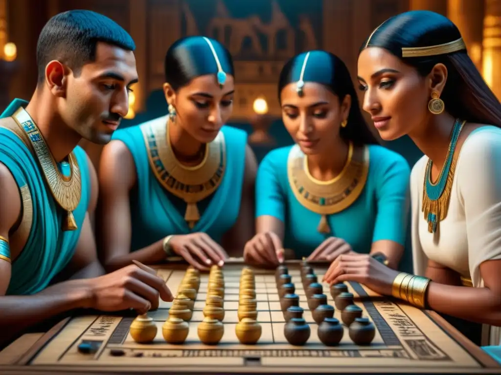 Una familia del Antiguo Egipto juega al Senet en un escenario detallado con inscripciones y vestimenta de la época