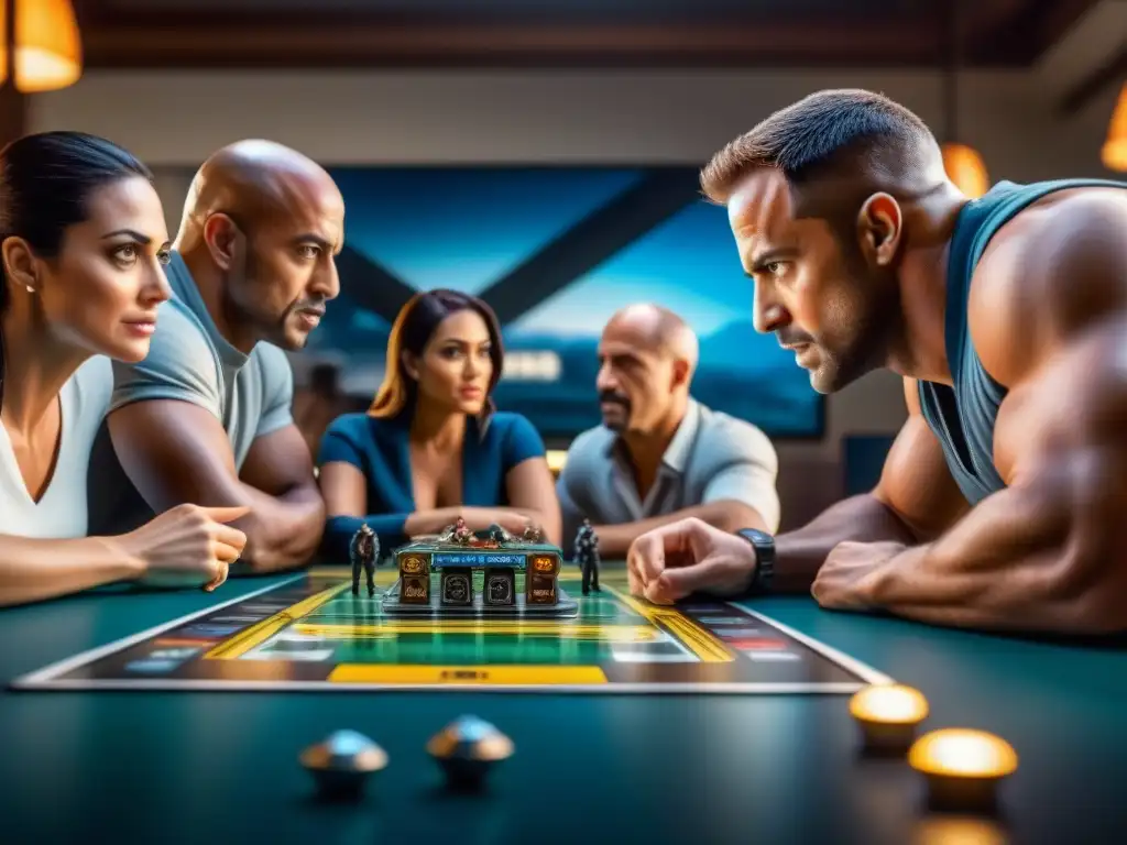 Una familia concentrada juega emocionada el juego de mesa Fast & Furious, uniendo lazos en una partida estratégica