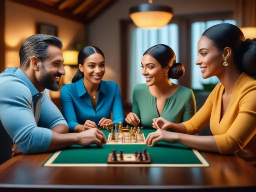 Una familia diversa disfruta de una intensa sesión de juegos de mesa alrededor de una hermosa mesa de madera, con sillas ergonómicas para juegos de mesa, estrategia y emoción en cada rostro