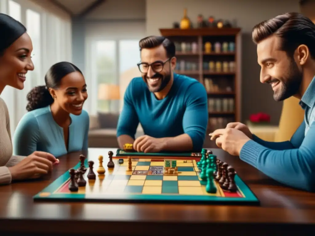 Una familia diversa disfruta de un juego de mesa juntos en un acogedor salón