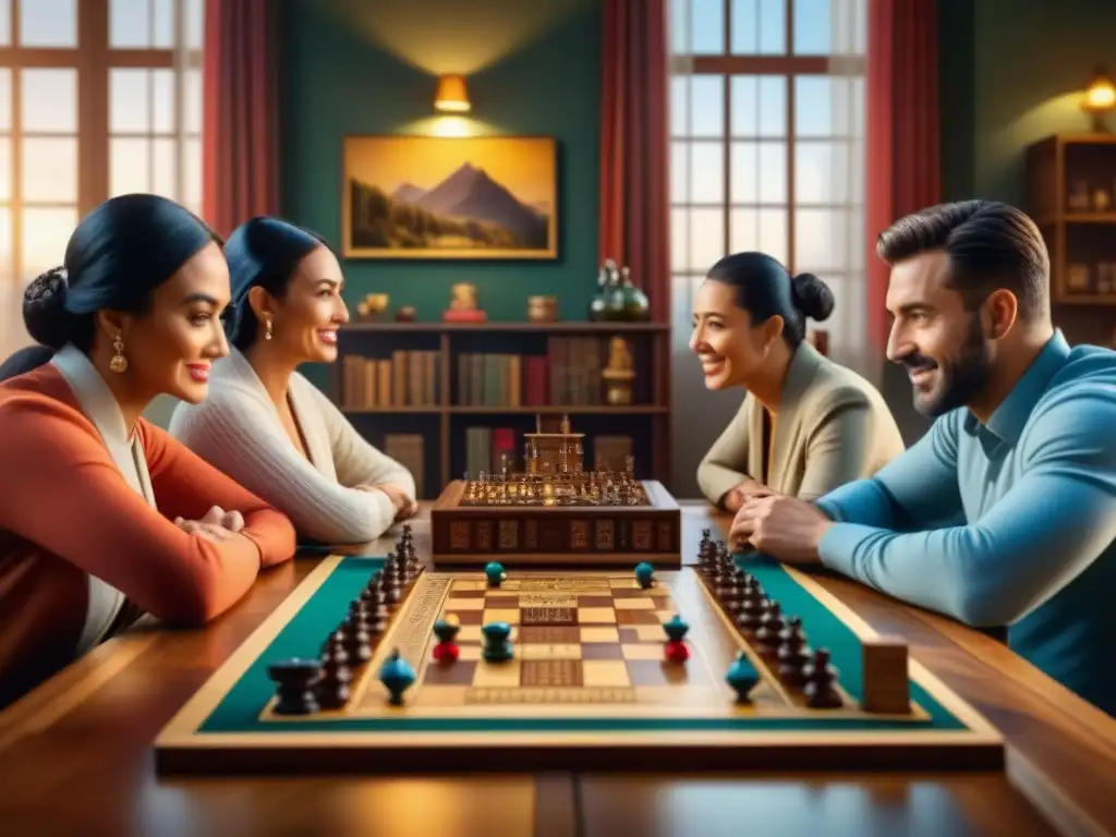 Encuentro familiar lleno de diversión y tradición en juegos de mesa Una familia diversa disfruta de juegos de mesa tradicionales alrededor de una mesa de madera decorada