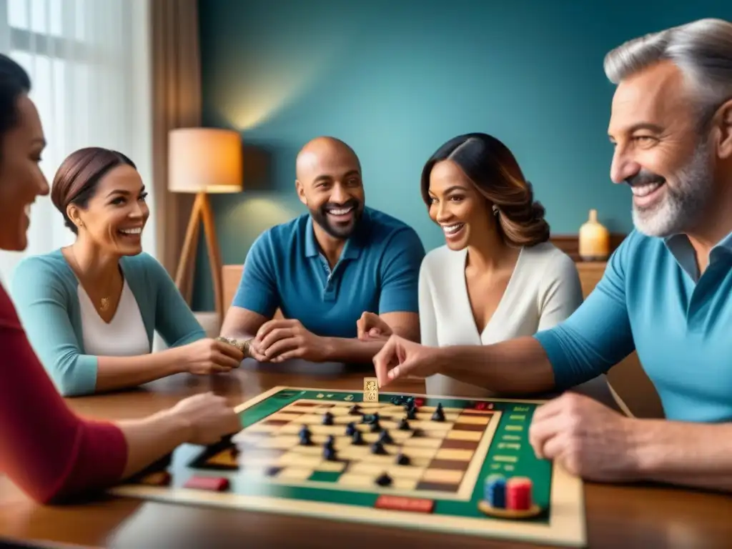 Familia diversa disfruta de juegos de mesa en terapia familiar, mostrando conexión y alegría