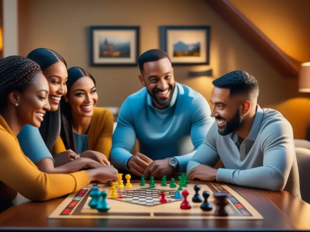 Una familia diversa disfruta de juegos de mesa en terapia familiar, sonriendo y compartiendo momentos especiales en una atmósfera acogedora