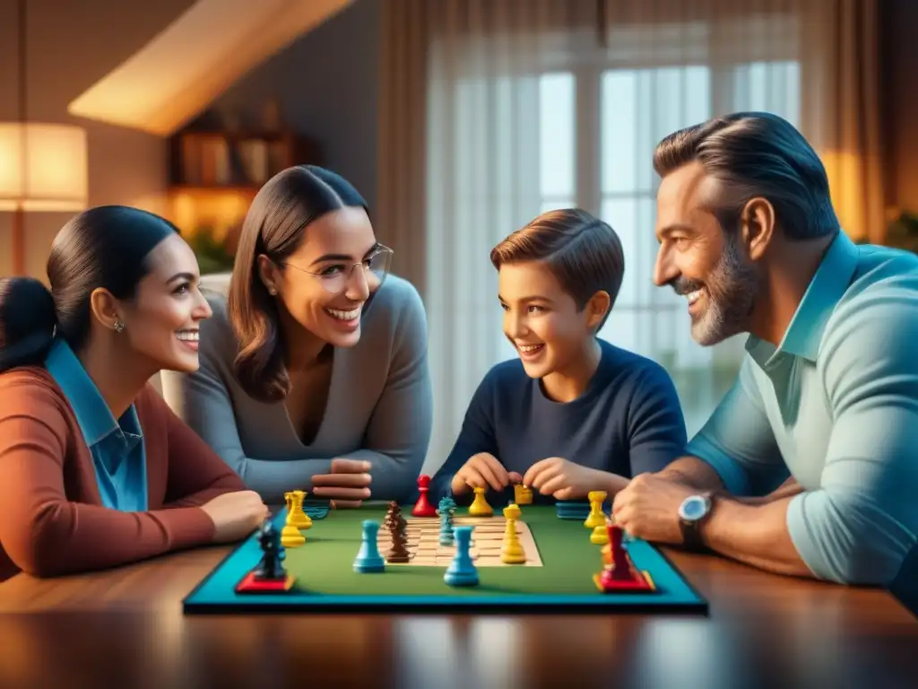 Una familia diversa disfruta de juegos de mesa, creando lazos en un ambiente acogedor