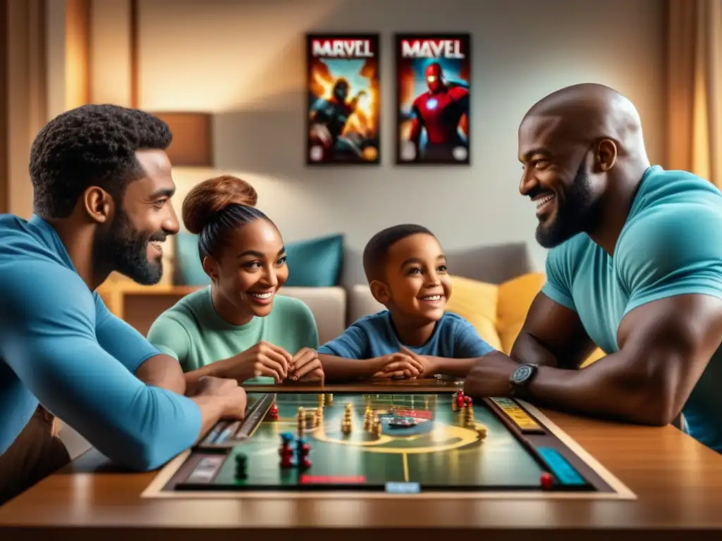 Una familia diversa disfruta de juegos de mesa Marvel, unidos en alegría y complicidad