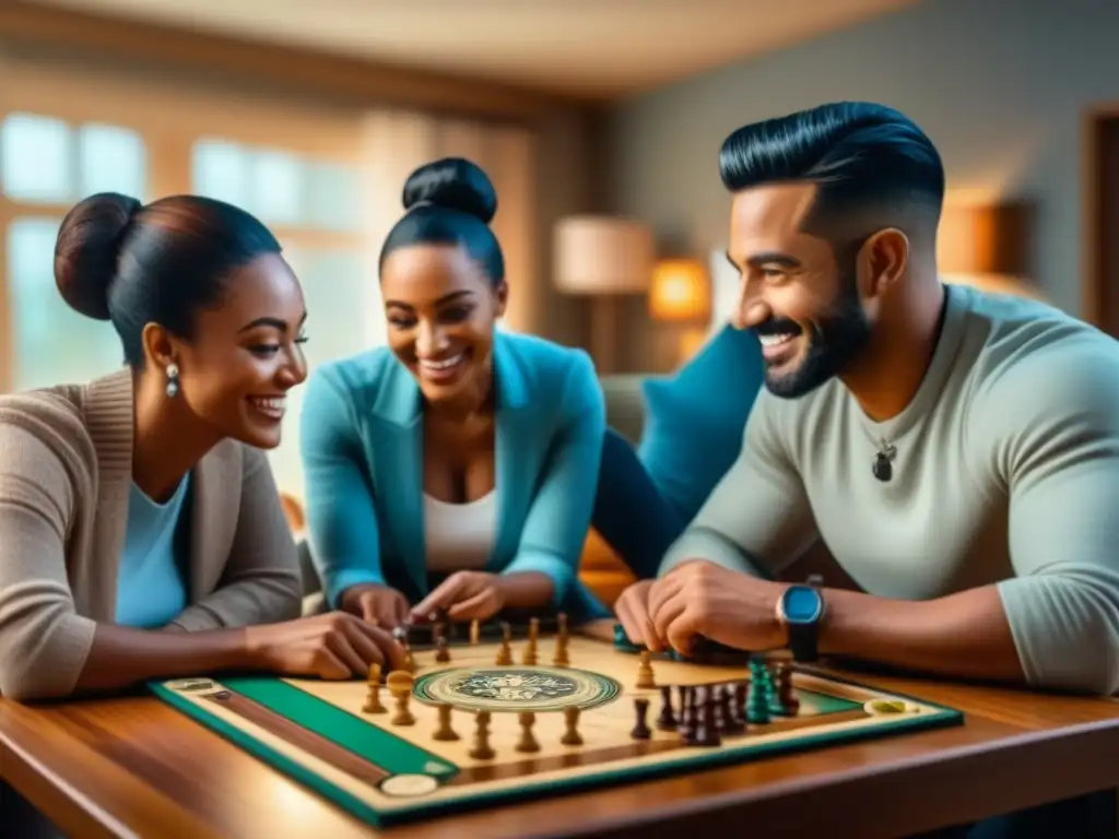 Una familia diversa disfruta de juegos de mesa para familias en una acogedora sala iluminada, unidos por la diversión y la conexión generacional