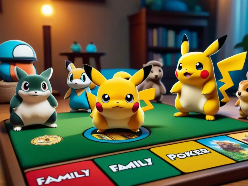 Una familia diversa juega con entusiasmo un juego de mesa Pokémon, rodeados de detalles coloridos y cálida iluminación