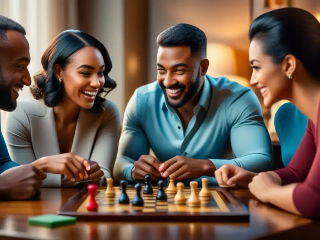 Una familia diversa y feliz disfruta de juegos de mesa juntos en un ambiente acogedor