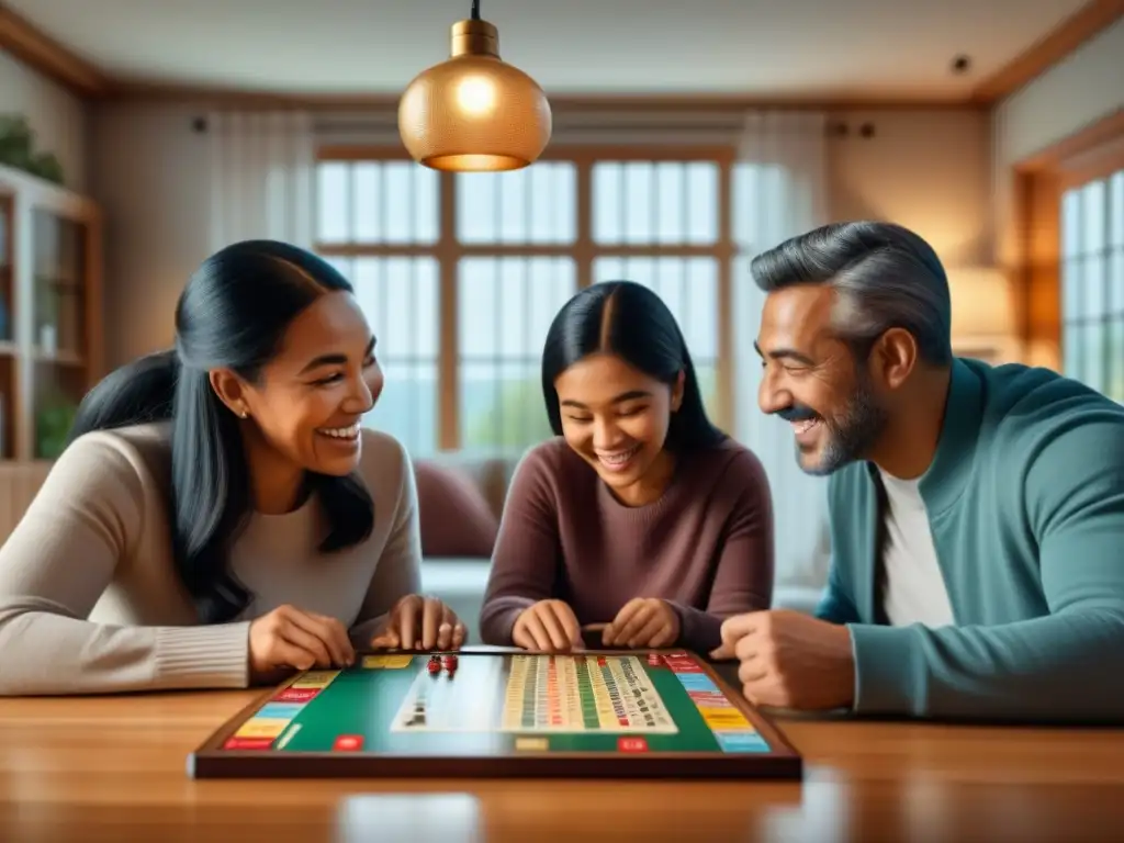 Una familia diversa disfruta aprendiendo idiomas juntos con un juego de mesa multilingüe en un acogedor salón