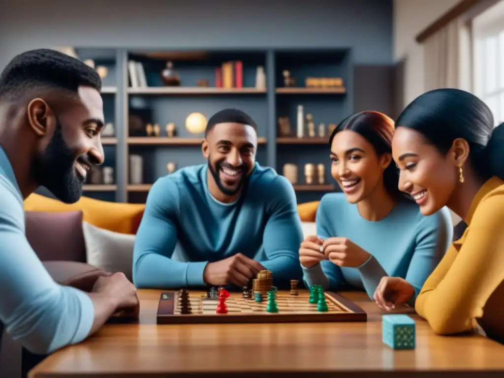 Familia diversa disfrutando de un juego de mesa en una sala acogedora