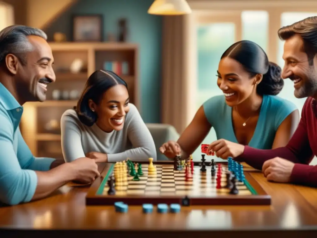 Familia diversa disfrutando de juegos de mesa en una mesa grande