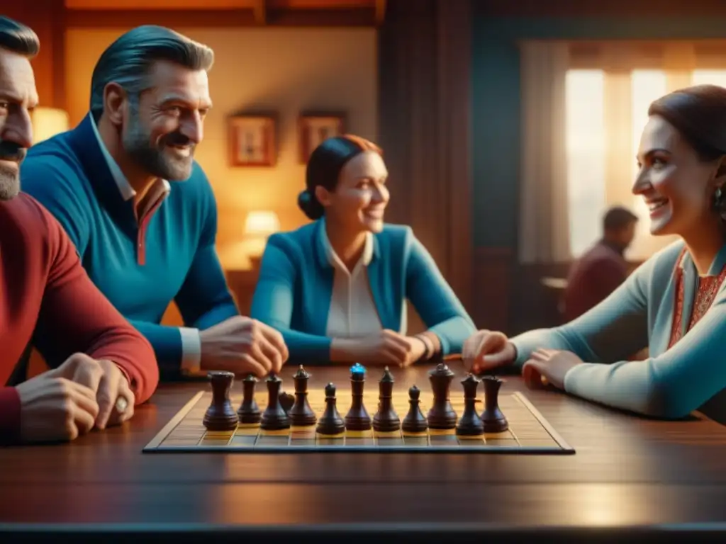 Familia feliz jugando Carcassonne Junior alrededor de la mesa de madera, con piezas de colores en el tablero