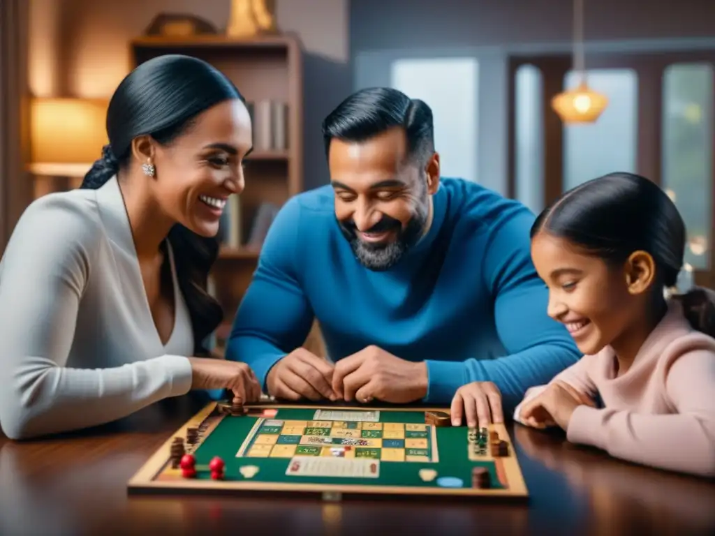 Familia disfrutando de un juego de mesa, ambiente acogedor con kit de inicio juegos de mesa familiar