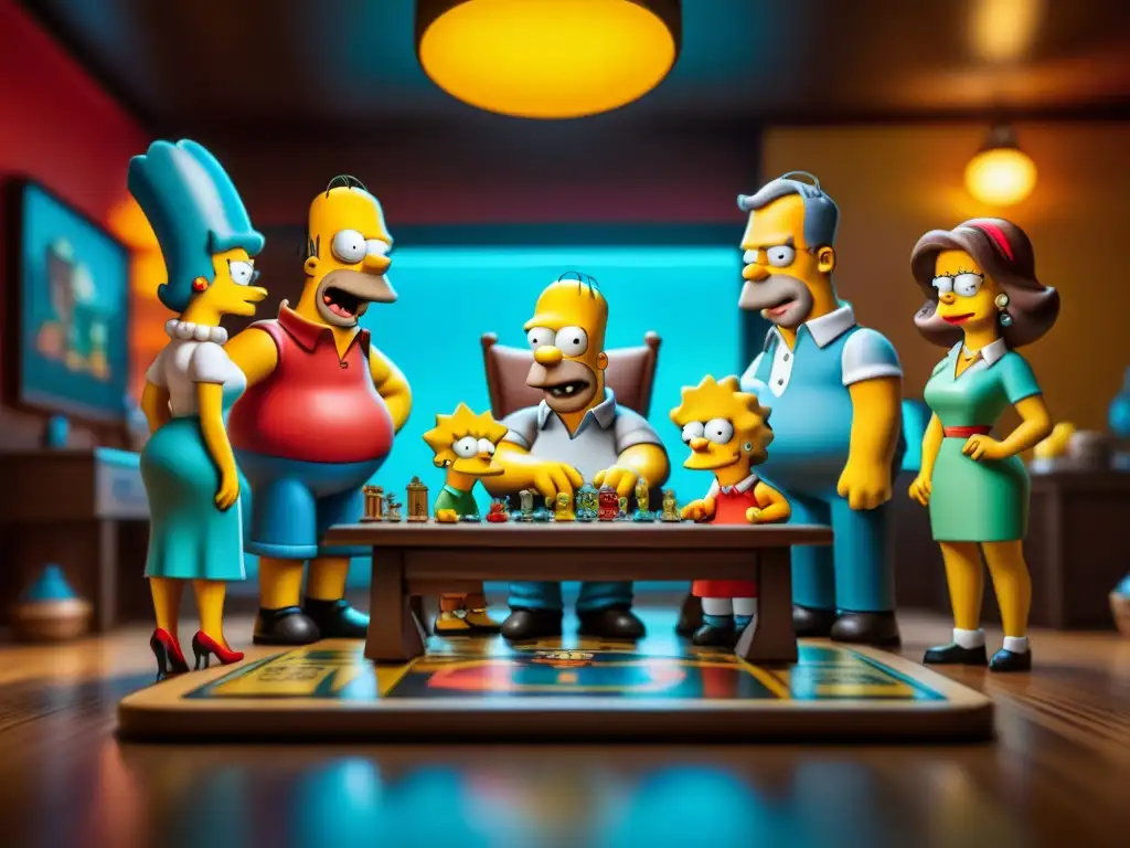 Una familia disfruta del Juego de mesa Los Simpsons en un ambiente lleno de diversión y emoción, rodeados de decoraciones temáticas