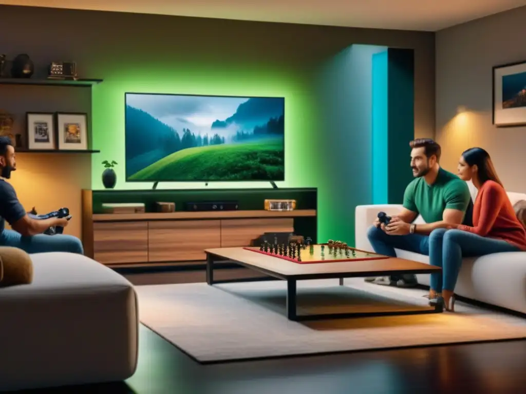 Una familia disfruta de un juego de mesa digital en una sala moderna con una Xbox Series X