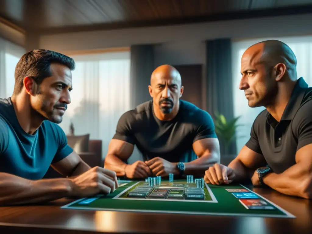 Una familia disfruta intensamente del juego de mesa Fast & Furious, mostrando emoción y estrategia en cada movimiento