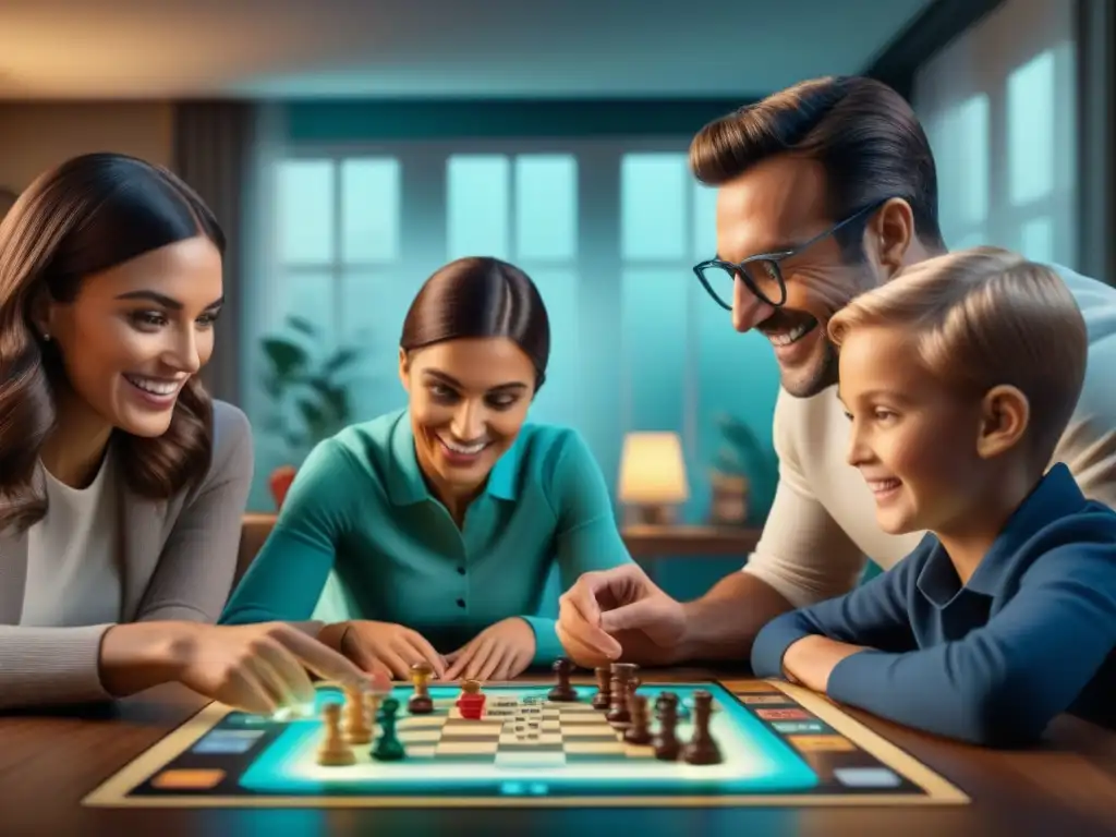 Familia disfruta de juego de mesa con realidad aumentada, llenos de asombro y diversión