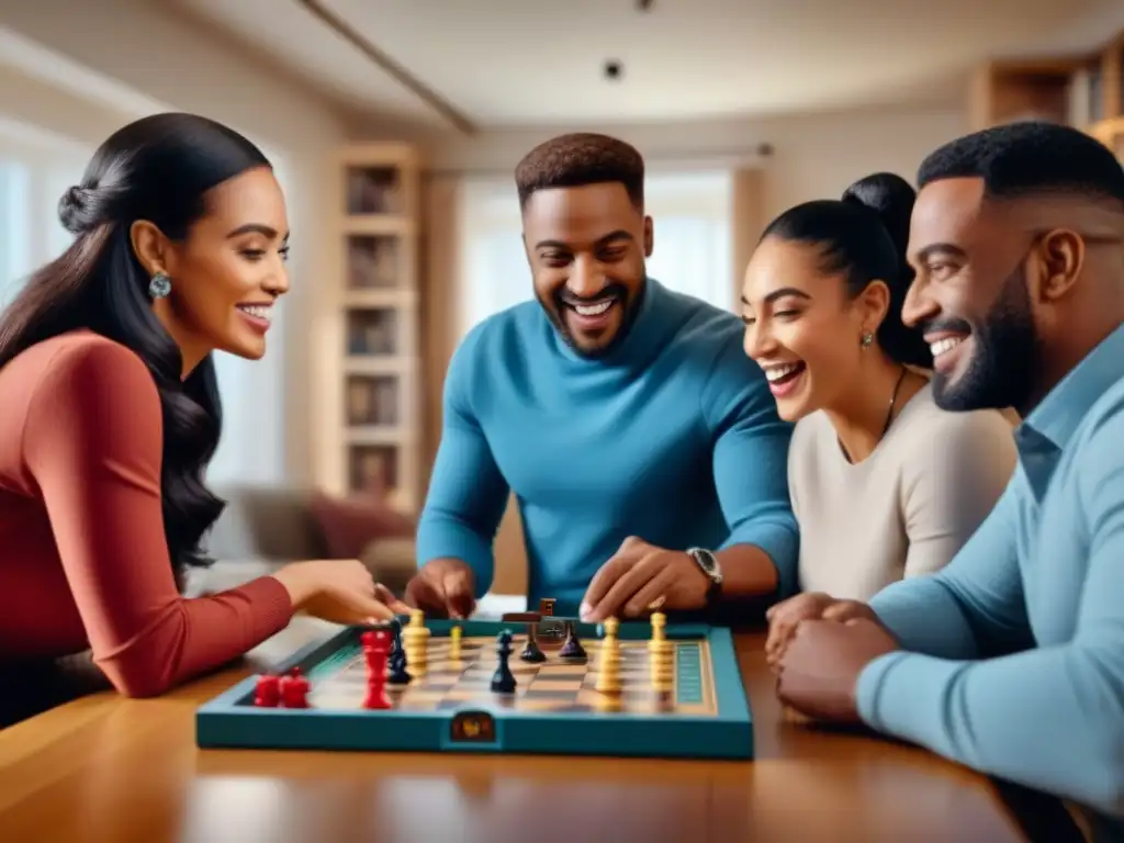 Familia disfruta de juegos de mesa controlados por voz en casa, creando un ambiente cálido y divertido