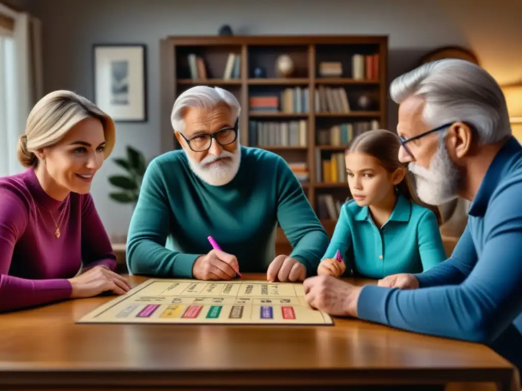 Una familia multigeneracional concentrada jugando Pictionary en una acogedora sala iluminada