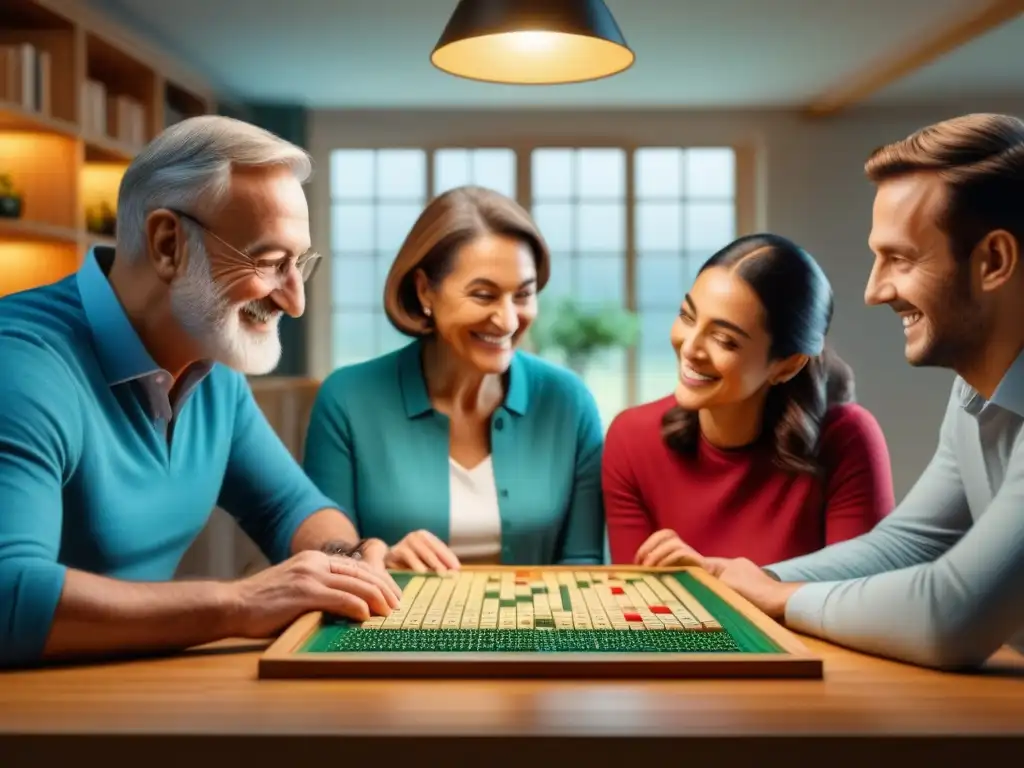 Una familia multigeneracional se divierte aprendiendo idiomas juntos mientras juegan Scrabble en un ambiente acogedor y educativo