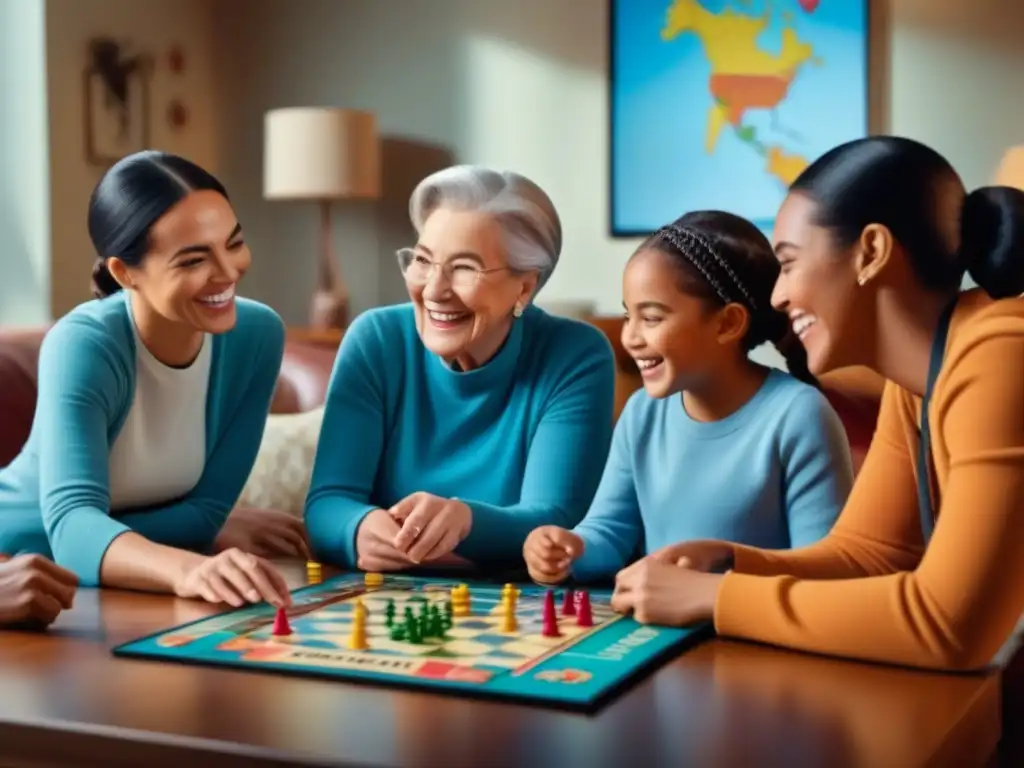 Una familia multigeneracional disfruta aprendiendo idiomas juntos alrededor de un juego de mesa colorido en una sala acogedora