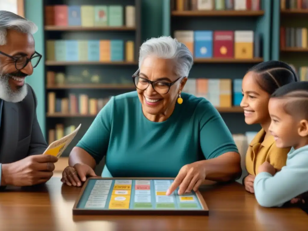 Una familia multigeneracional aprendiendo idiomas juntos en casa con un juego de mesa educativo