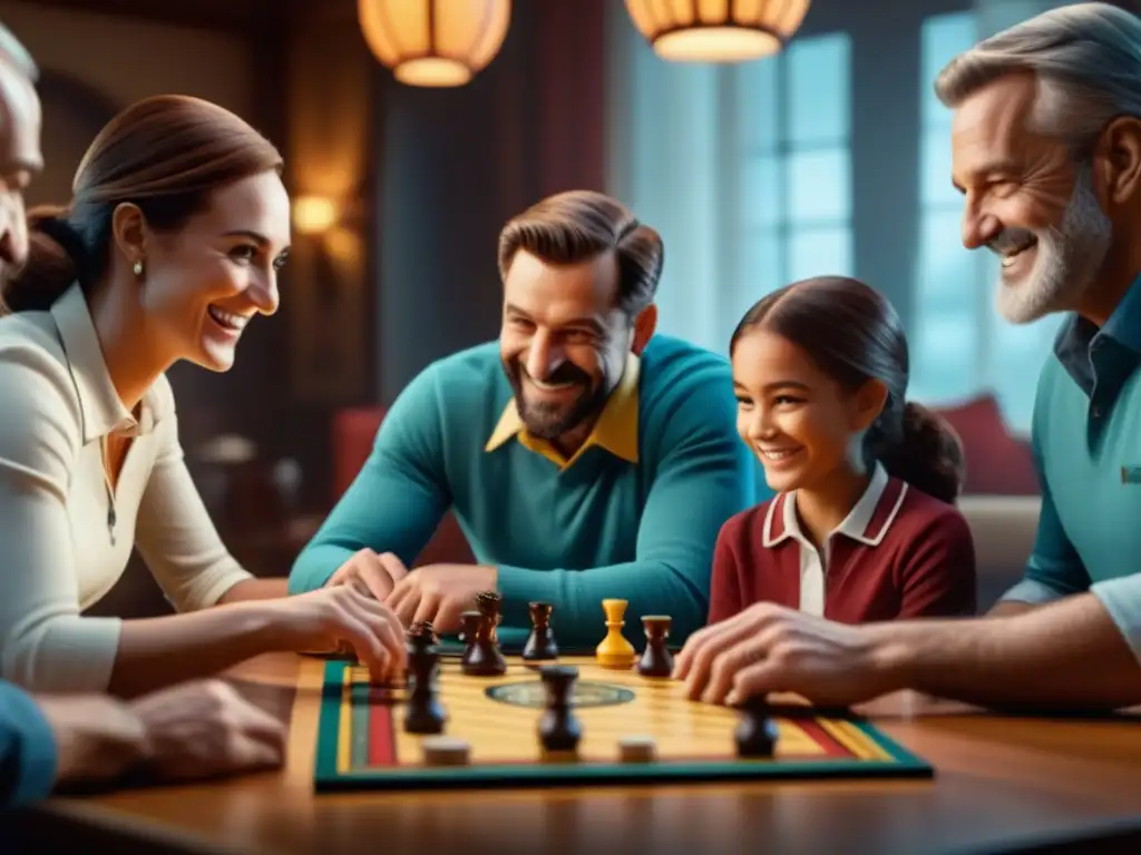 Una familia multigeneracional disfruta de un juego de mesa mientras comparten risas y camaradería