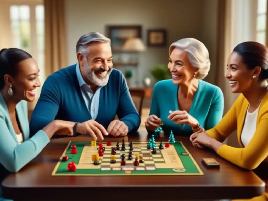 Familia multigeneracional disfrutando de un juego de mesa, conectando y riendo juntos