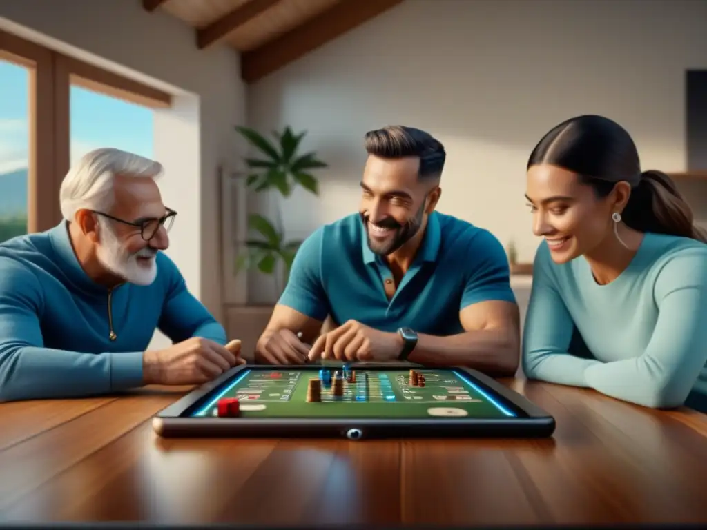 Familia multigeneracional disfrutando de un juego de mesa digital en una acogedora atmósfera de conexión familiar