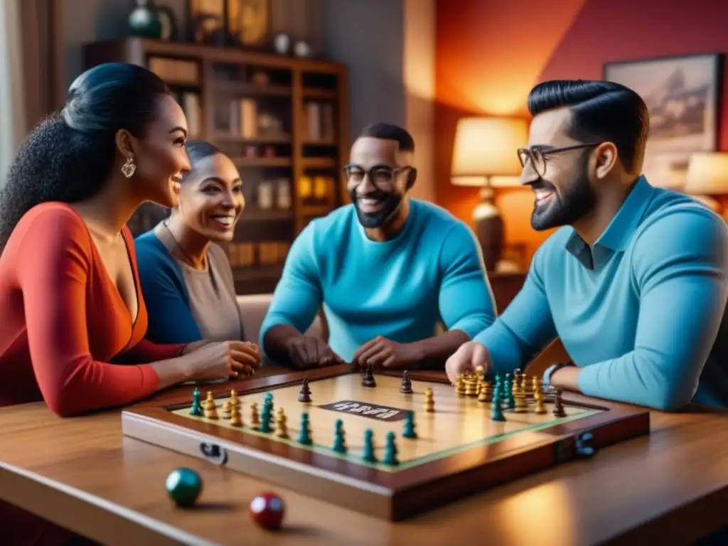 Una familia multigeneracional disfruta de juegos de mesa para todas, unidos alrededor de una mesa de madera en una atmósfera cálida y acogedora