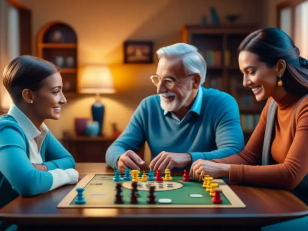 Una familia multigeneracional disfruta de juegos de mesa juntos en un ambiente cálido y acogedor