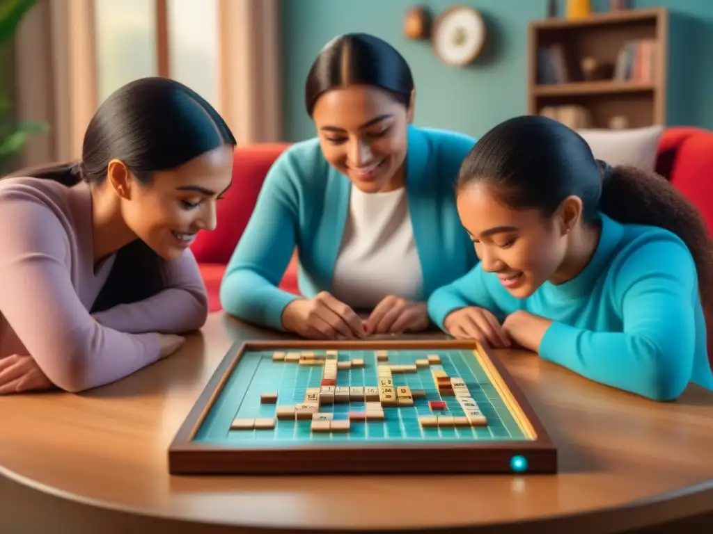 Una familia multigeneracional disfruta de una partida de Scrabble Junior, creando un ambiente cálido y educativo