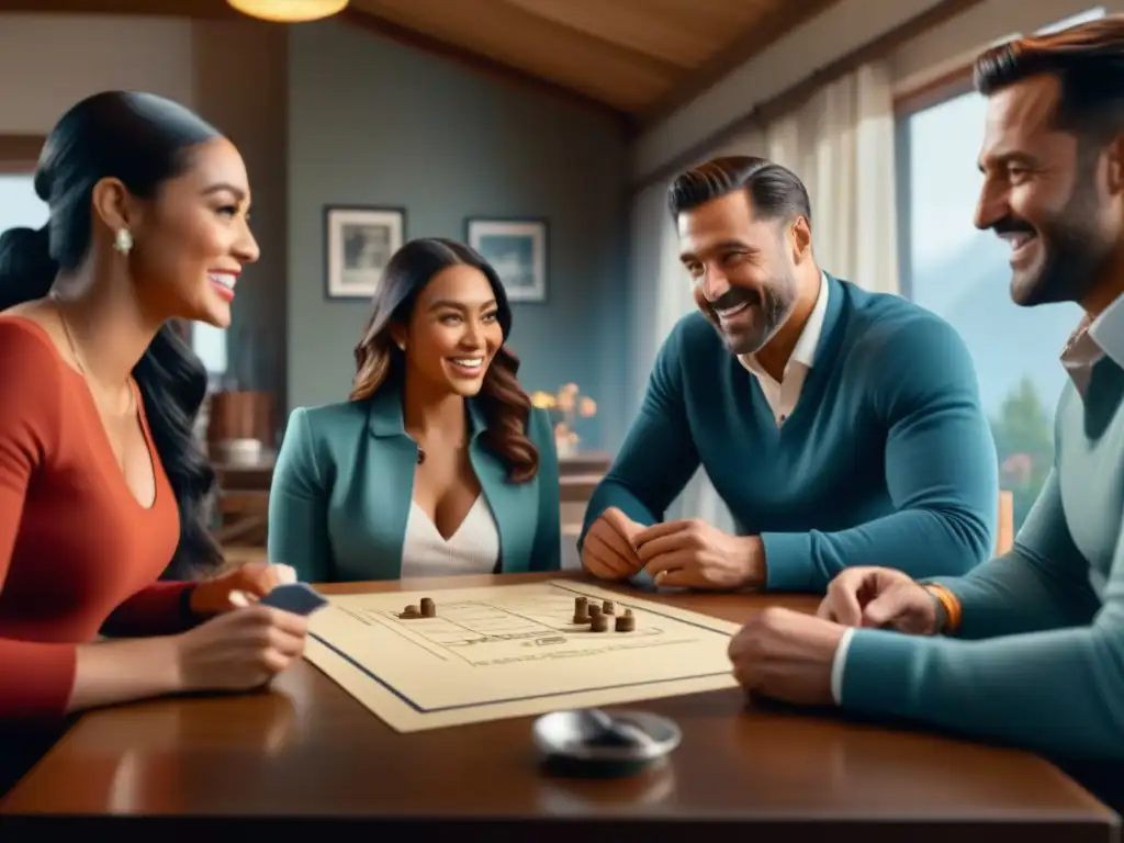 Una familia juega animadamente Pictionary en una mesa llena de pistas artísticas