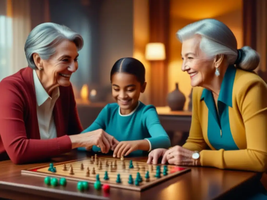 Unión familiar en juegos de mesa para todas: tres generaciones sonríen alrededor de la mesa, compartiendo momentos de alegría juntos