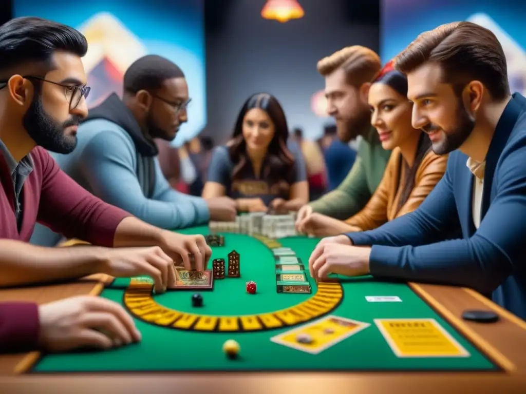 Familias y amigos disfrutan de juegos de mesa en una convención, rodeados de emoción y diversión en exposiciones únicas ferias juegos mesa