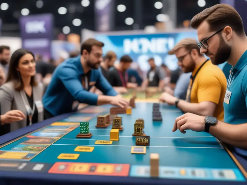 Fascinante feria de juegos de mesa 2021 con coloridos stands y jugadores concentrados en estrategias de juego