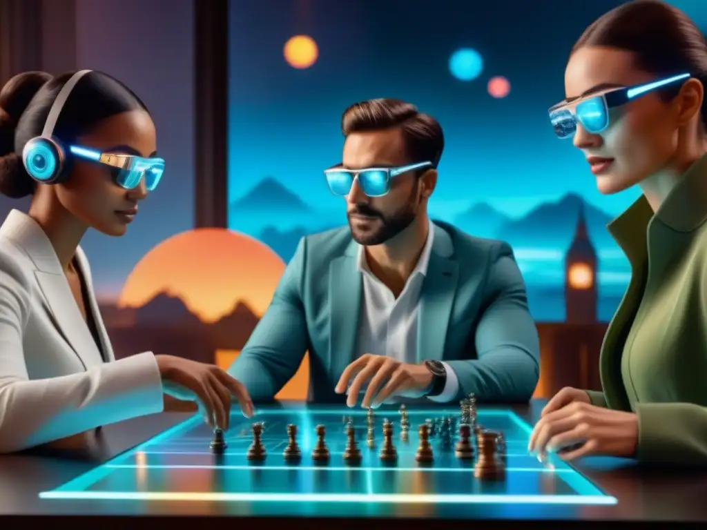 Fascinante juego de mesa de realidad aumentada con jugadores diversos, inmersos en la experiencia futurista