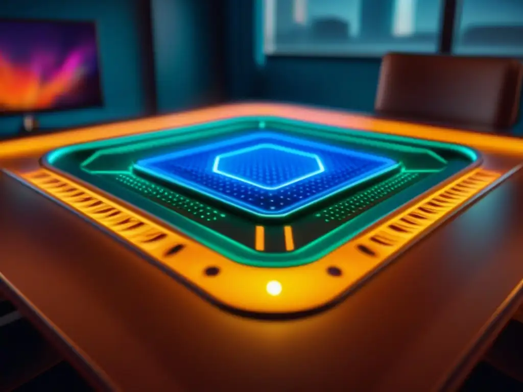 'Fascinante mesa de juegos con iluminación integrada, colores vibrantes y patrones dinámicos que crean un ambiente único