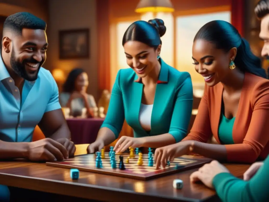 Una fiesta animada con gente de personalidades reveladas disfrutando de juegos de mesa