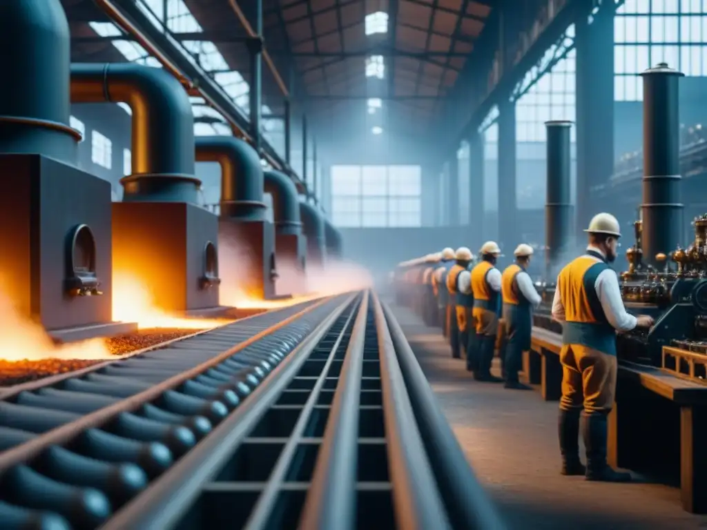 En la floreciente fábrica del siglo XIX durante la Revolución Industrial, obreros operan maquinaria con humeantes chimeneas, listos para la producción