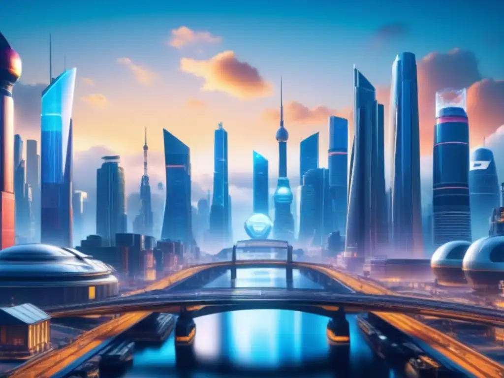 Futurista ciudad virtual con avatares comerciando, estrategias para juegos de economía