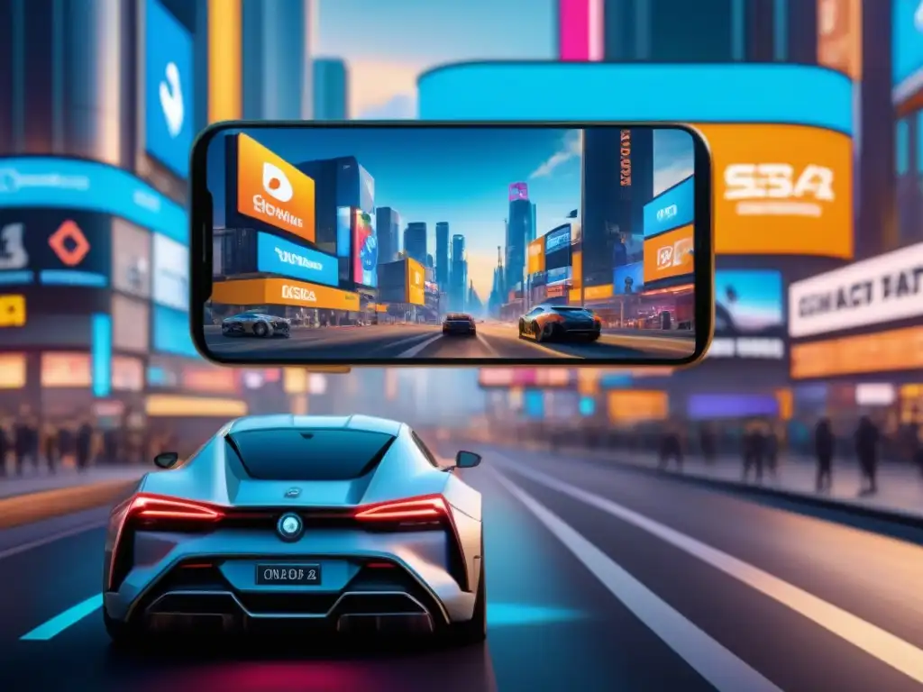 Futurista integración publicidad nativa en juegos: ciudad con anuncios fusionados con entorno de juego, coche eléctrico y personajes