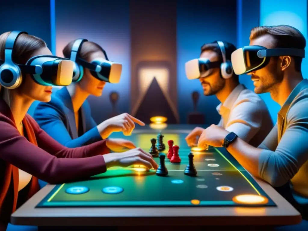 Futurista juego de mesa en Realidad Virtual: personas con visores inmersos en una experiencia digital y física