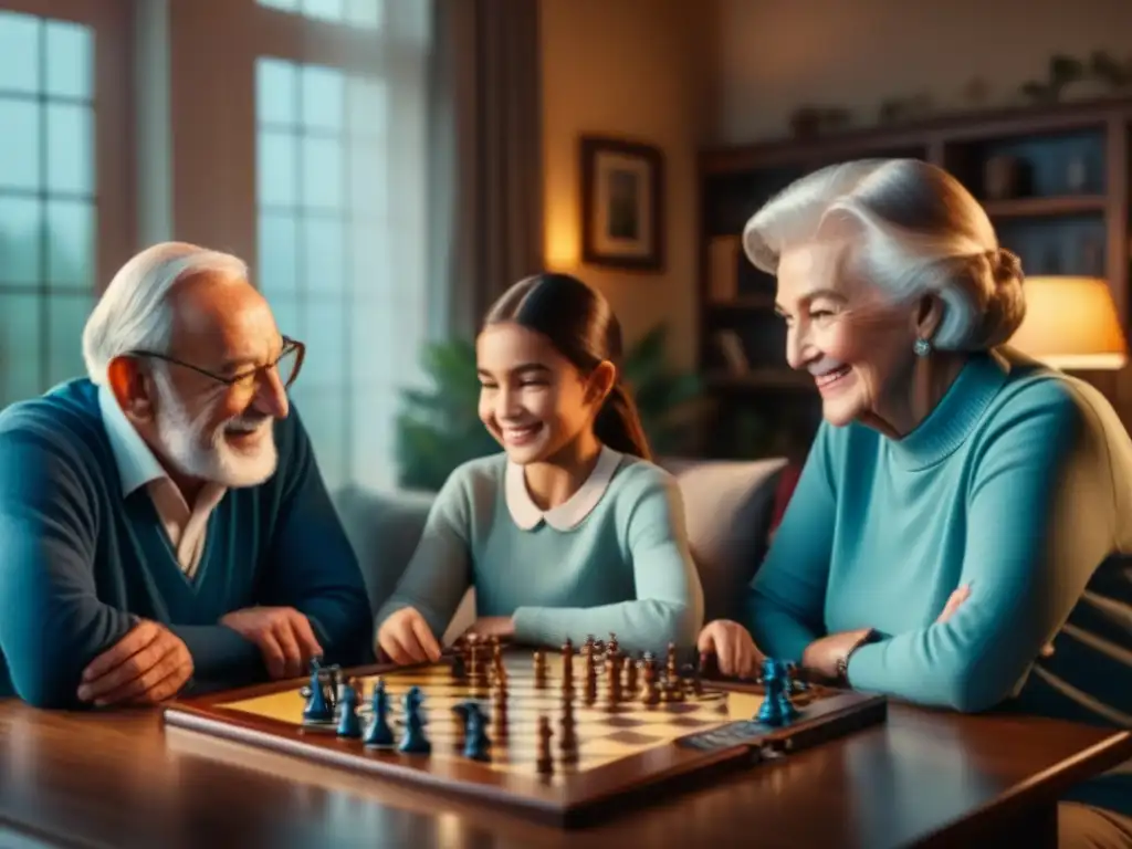 Unir generaciones con juegos de mesa: Familia feliz jugando juntos, tres generaciones sonrientes alrededor de la mesa en acogedor salón