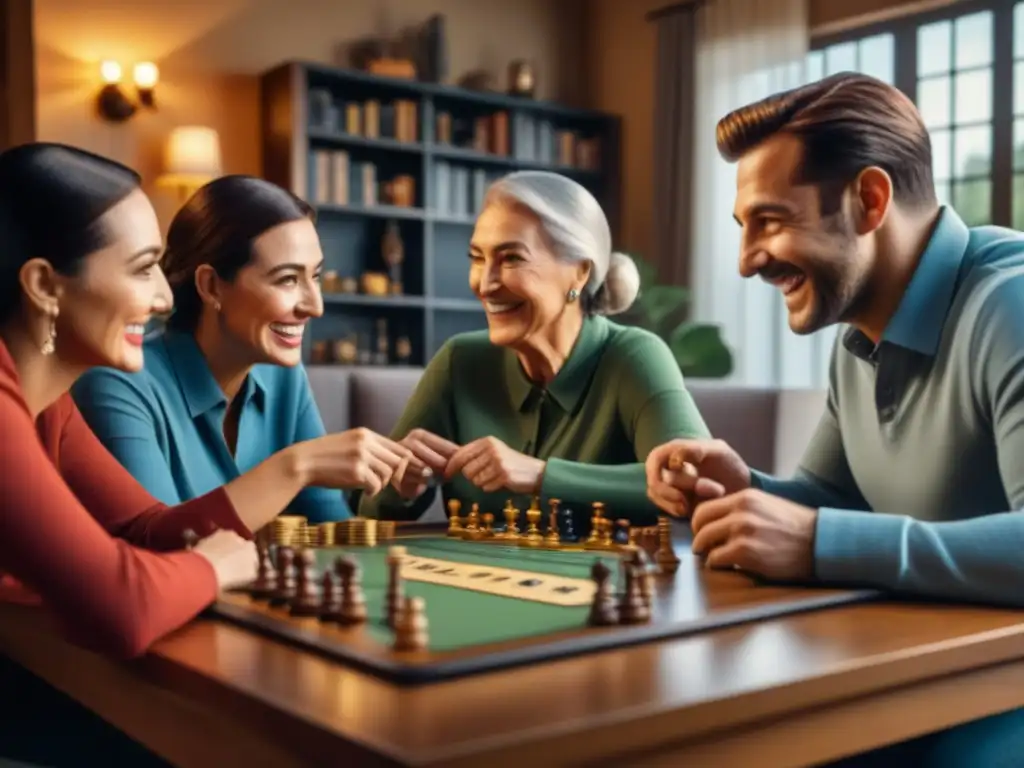 Unir generaciones con juegos de mesa: Tres generaciones disfrutan juntas en una partida llena de conexión y alegría en un acogedor salón